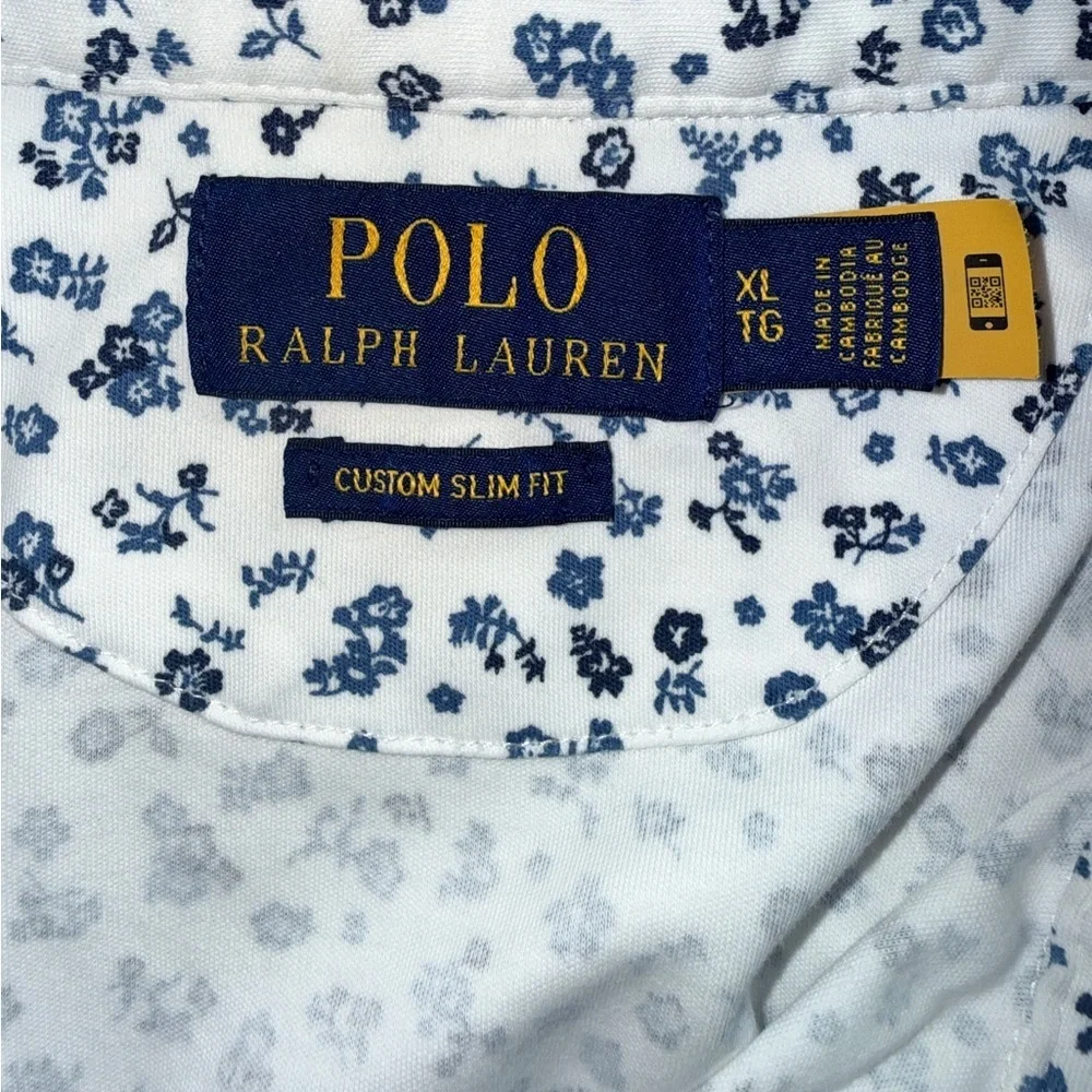 Polo Ralph Lauren Custom Slim Fit Floral Polo Shirt XL White Blue Micro Flowers